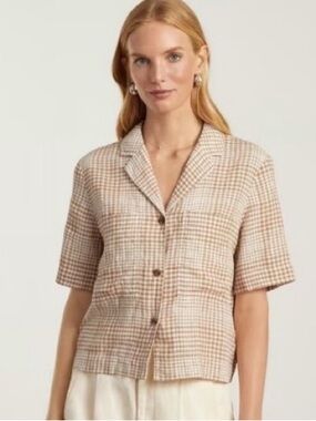 Everlane Gingham Paid Tan White Linen Button Up Top Crop M Short Sleeve Collared